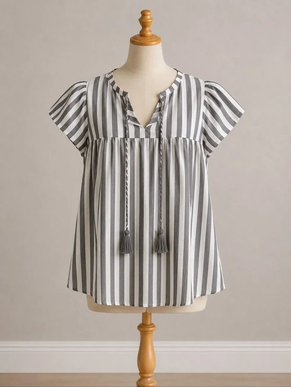 St. John’s Bay Baby Doll Top  Gray/White Stripe Cap Sleeves Tassels